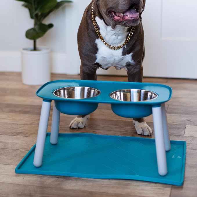 Messy Mutts Silicone Non-Slip Dog Bowl Mat with Raised Edge and Two Sides Reinforced with Metal Rods | Dog/Cat Bowl Mat with Spill-Proof Lip | Medium, 20” x 12” | Blue