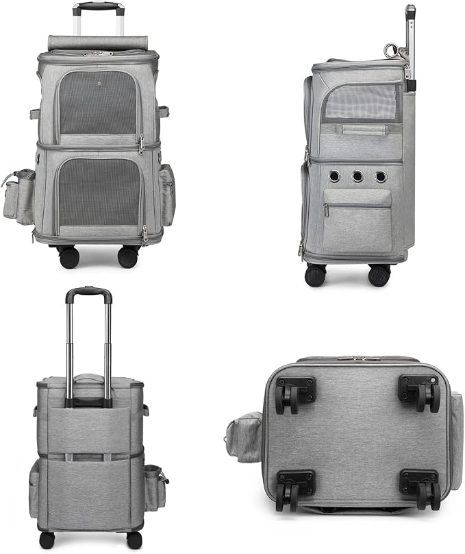 Pet Travel Carrier with Detachable Wheels, Double Compartment Cat Rolling Carrier with Telescopic Handle for 2 Cats to 20 LBS, Perfect for Traveling/Hiking/Camping