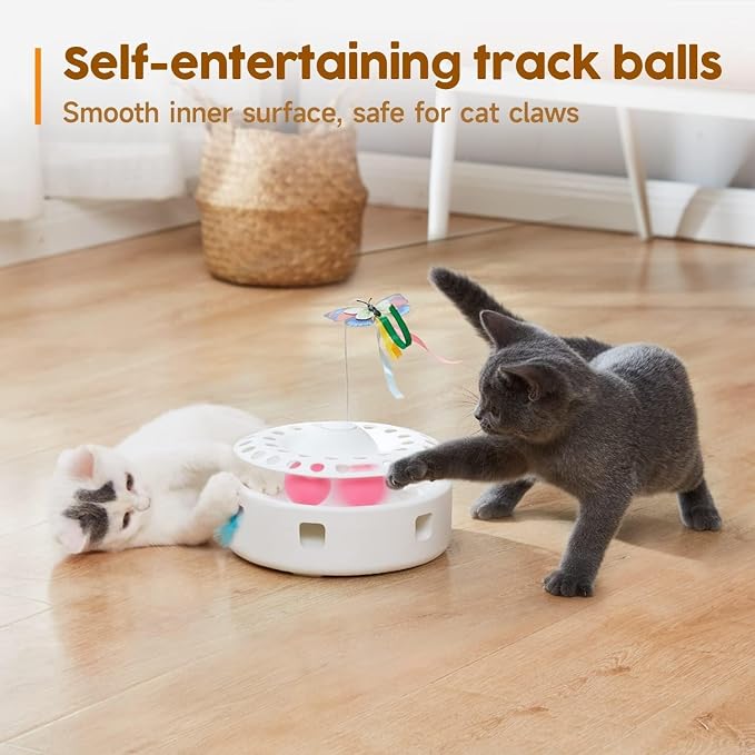 Cat Toys - 3 in 1 Interactive Automatic Kitten Toy, Fluttering Butterfly, Mobile Ambush Feather, Ball Track, Dual Power Sources, USB Powered, for Exercise, white
