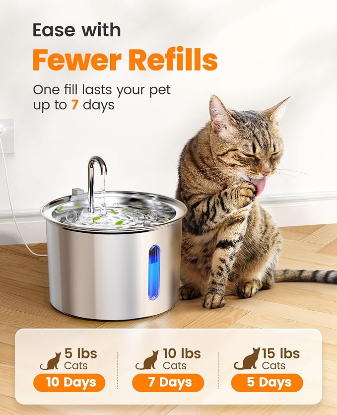 oneisall Stainless Steel Cat Water Fountain, 2L Water Fountains for Cats Indoor with Quiet Pump and 3 Replacement Filters, Pet Water Fountain Faucet Spout Design Cat Fountain Drinking Inside, PWF 001