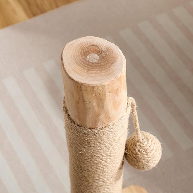 29" Tall Solid Wood Cat Scratching Post for Indoor Cats, Extra Stable Heavy Base, Natural Sisal Scratcher with Hanging Ball, Furniture Protector for Kittens & Adult Cats, Beige