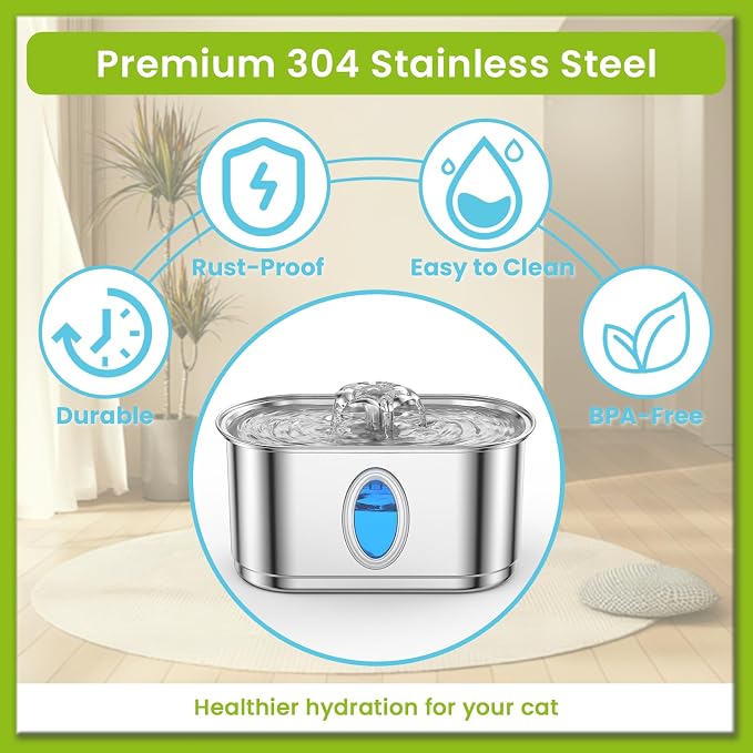 Cat Water Fountain Stainless Steel 108oz/3.2L, Automatic Pet Water Fountain with 3 Filters, Ultra Quiet Water Dispenser for Indoor Cats Dogs, Visible Level Window, Easy to Clean