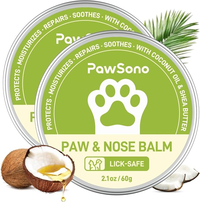 PawSono Lick-Safe Dog Paw & Nose Balm with Coconut Oil | All-Natural Moisturizer & Soother for Dry, Cracked Pads & Snout | Summer Hot Pavement & Sand Paw Wax, Nose Butter for Bulldogs(2.1oz *2)