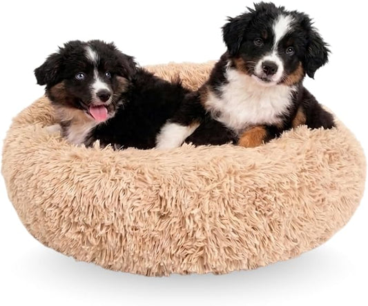 Active Pets Premium Medium Donut Dog Bed, Fits Up to 45 lbs, Machine Washable Cushion, Plush Long Pile Faux Fur Fabric, Portable Beige Pet Bed Furniture for Puppies Adult Canines & Cats
