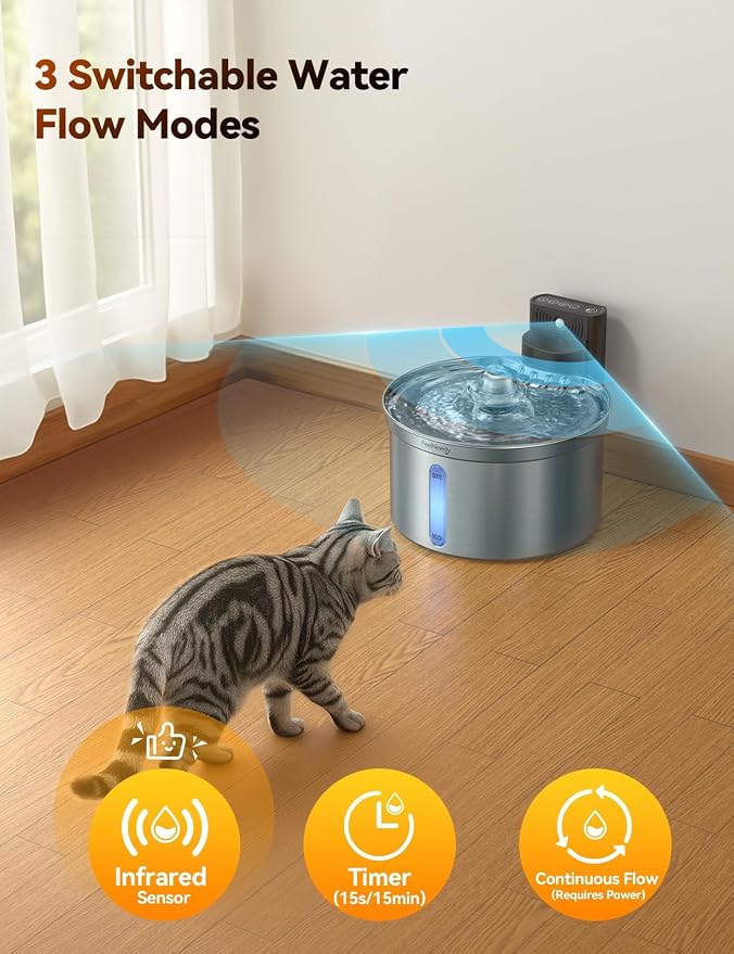 Wireless Cat Water Fountain - Safe Water-Electricity Separation, 3.5L Stainless Steel, XL Filter for Less Replacement, 4000mAh Battery, Motion Sensor & Ultra-Quiet Pump - FEELNEEDY