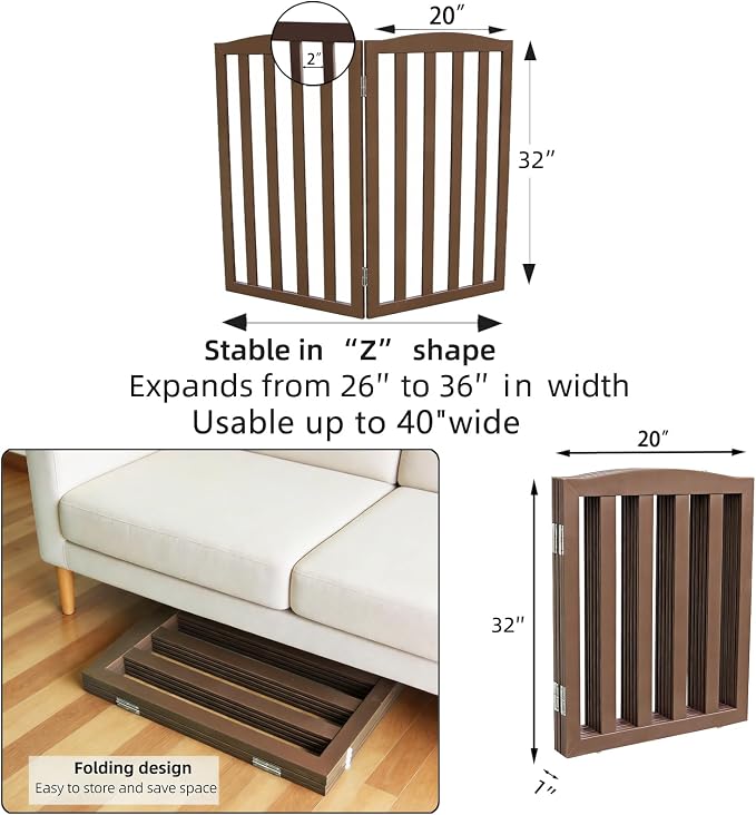 Freestanding Dog Gate Indoor,Doggie Gate Foldable Pet Gates for Doorways,Stairs or Hallways, Wooden Brown Pet Gate for the House, Pet Fence,32 "Height-2 Panels