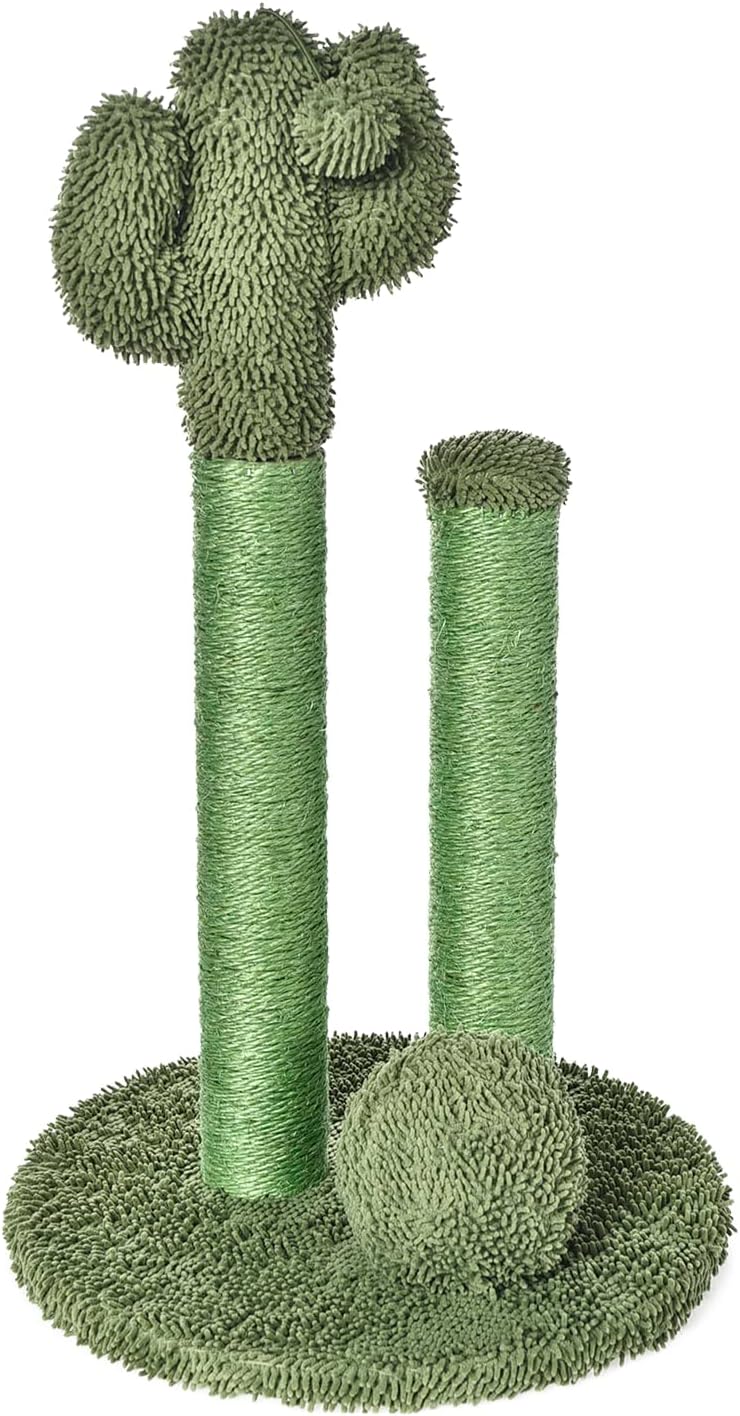 Amazon Basics Cat Scratcher - Indoor Cactus Triple Posts Cat & Kittens Scratching Post with Dangling Ball, Small (22.4"H) - Green