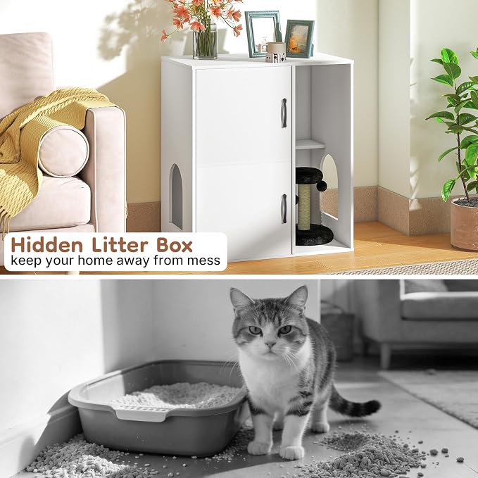 Rovibek Double Cat Litter Box Enclosure,Two Tier Hidden Litter Box Furniture for 2 Cats with Scratching Post and Storage, Dual Cat Litter Cabinet for 2 Litter Boxes, White