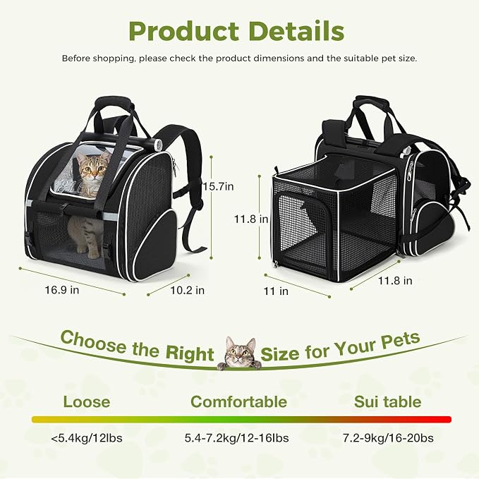 Lekereise Widened Pet Backpack Travel, Wide Pet Carrier Backpack for Cats and Small Dogs up to 18 lbs, Breathable Mesh Backpack Carrier with Sun Shade, Leash, Hand Carry for Travel Vet Car,Black