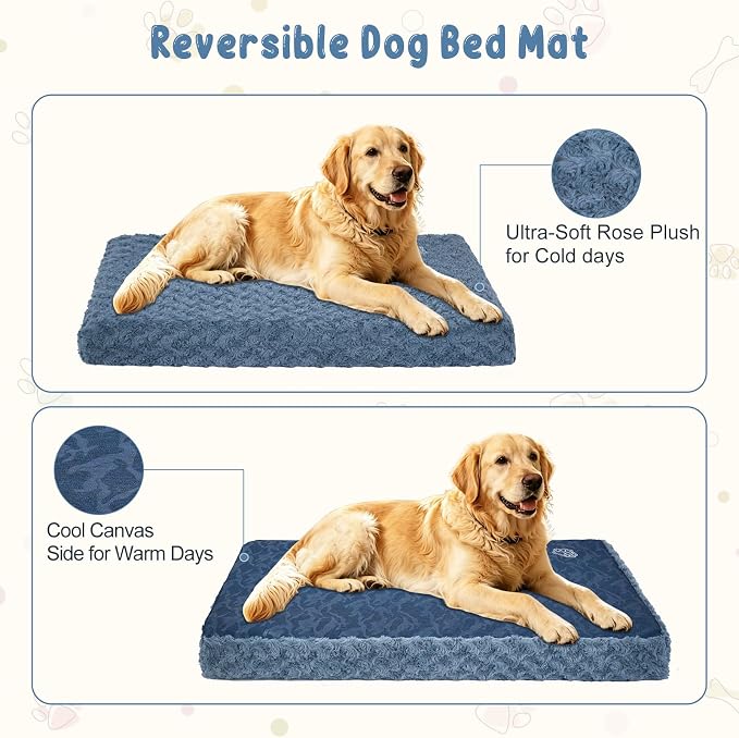 EMPSIGN Stylish Dog Bed Mat Dog Crate Pad Mattress Reversible (Cool & Warm), Water Proof Linings, Removable Machine Washable Cover, Firm Support Pet Crate Bed for Small to XX-Large Dogs, Navy/Grey