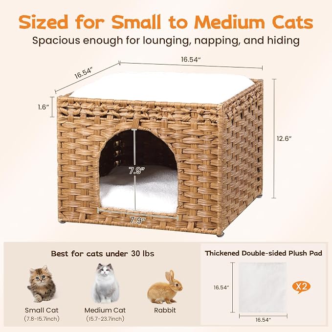 Snughome Handwoven Rattan Cat House - Indoor Foldable Cat Bed Cave with 2 Removable Bed Mats, Large Kitten House, Hideaway Pet Cube, 16.54 x 16.54 x 12.6 Inches, Natural, for Living Room & Bedroom