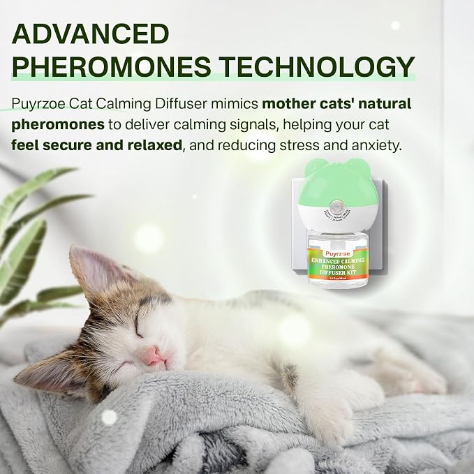 puyrzoe Cat 6-in-1 Calming Diffuser + Skin & Coat 500 Chews– Stress Relief, Skin Hydration, Coat Shine, Immune Support for All Cats, 2 Diffusers + 4 Refills