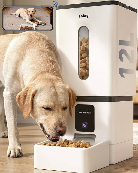 Automatic Dog Feeder Large Breed with Camera - 12L/50 Cups Anti-Clog Dog Food Dispenser for Kibble up to 20mm/0.78 in - WiFi App Scheduling & HD 1080P Camera for Remote Mealtime Check-Ins by Yakry
