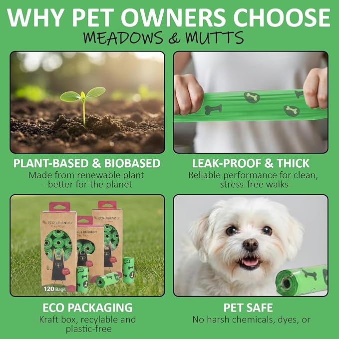 MEADOWS & MUTTS Dog Poop Bags - 120 Count Compostable Biodegradable Plant Based Pet Waste Bags | Leak Proof Extra Thick | Lavender Scented Eco-Friendly Puppy Poop Bags