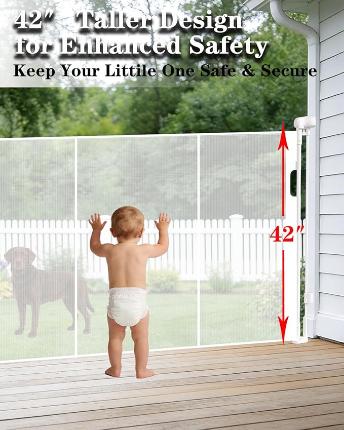 120" Extra Wide Retractable Baby Gates, 42" Extra Tall Retractable Dog Gate Pet Gate with Support Rods, Long Mesh Screen Child Safety Gate for Garage Doorways Hallways Deck Porch, Outdoor Indoor Use