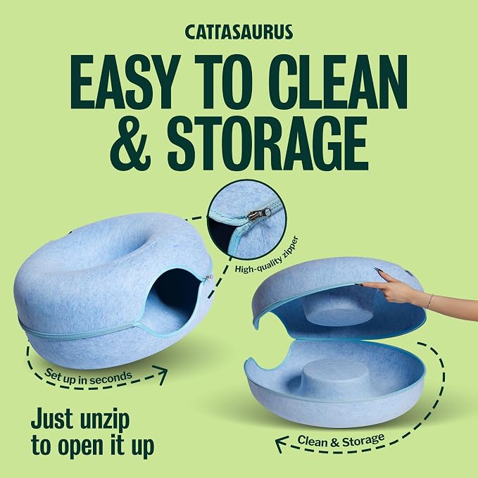 Cattasaurus Peekaboo Cat Cave Donut for Multiple & Large Cats up to 30-45 lbs, 3-in-1 Self Warming Cat Bed, Tunnel & Scratcher for Indoor Cats, Washable & Detachable Small Dog Bed (Blue, Large)