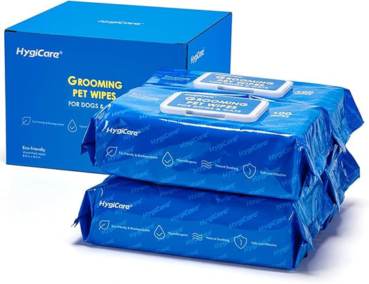 HygiCare Pet Grooming Wipes for Dogs & Cats, 400 Count, 8"x8" Ultra Thick & Soft, Unscented, Hypoallergenic Formula, Safe on Coat, Paws, Ears, Bum & Sensitive Skin