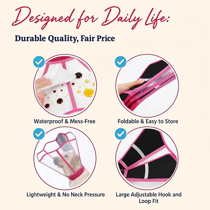 Hard Plastic Dog Surgery Recovery Cone Collar with Soft Neck Pad, Extender & Clear Vision Cone for Dogs to Stop Licking, Comfy Dog Head Cones, Extra Long Elizabethan Collar & Cone of Shame, Rosered M