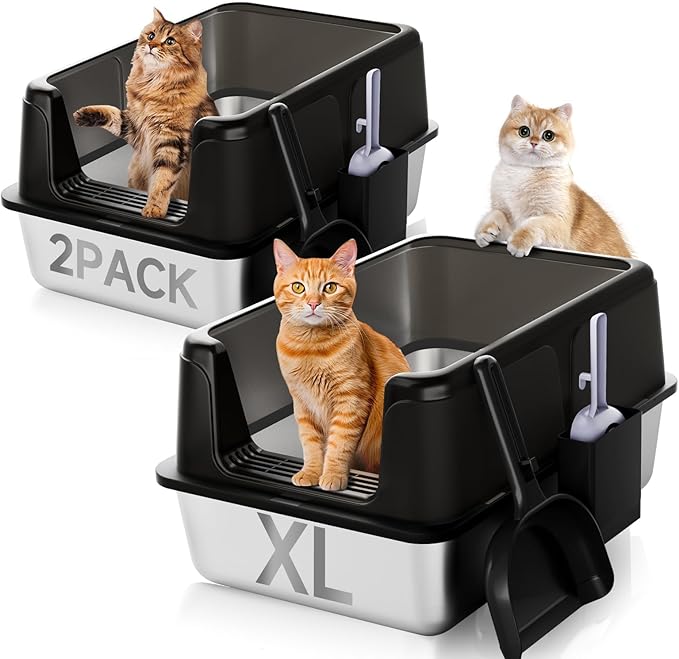 Stainless Steel XL Cat Litter Box for Cats, High-Sided Design Prevents Urine Leakage, Non-Stick, Easy to Clean, Includes Scoop, Black