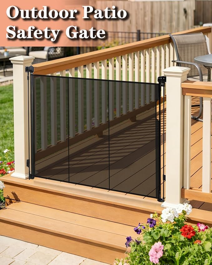 80" Wide Retractable Baby Gate for Stairs, 42" Extra Tall Retractable Dog Pet Gate with Support Rods, Mesh Screen Child Safety Gate for Doorways Hallways Deck Porch, Outdoor Indoor Use