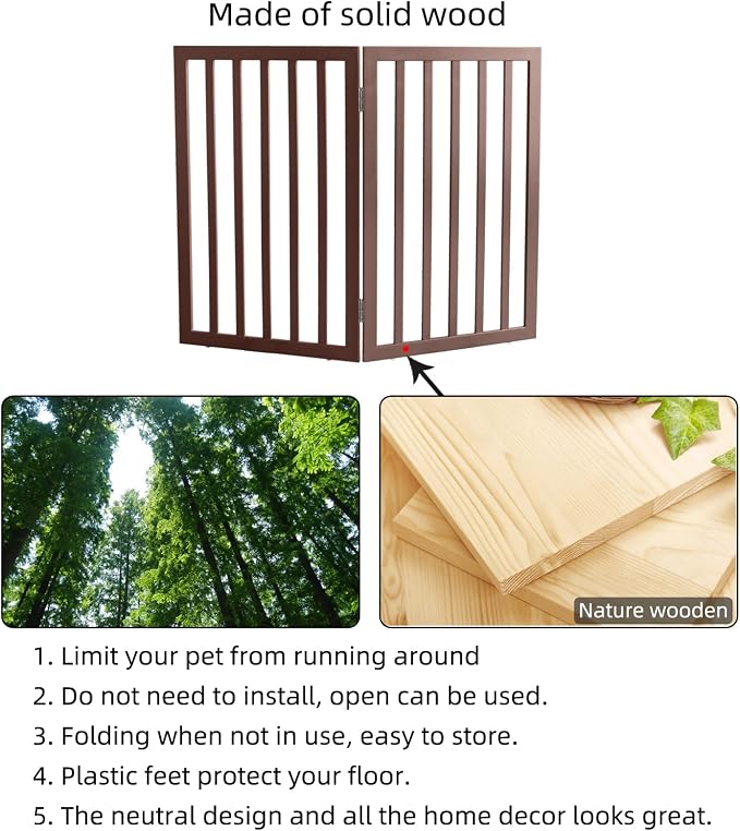 Dog Gate Indoor, Freestanding Dog Fence for The House, Doorways, Hallways,or Stairs,Pet Gate Foldable Wooden,Expandable 32" Height 2 Panels,Brown