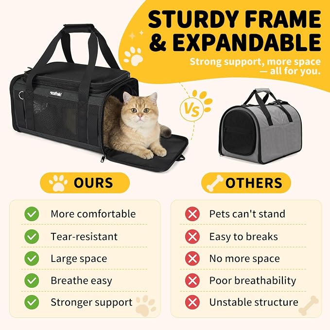 Apollo Walker Cat Carrier Airline Approved, Expandable Travel Pet Carrier with Locking Zippers, Soft-Sided for Small Medium Pets, Foldable Portable Pet Travel Bag (Black)