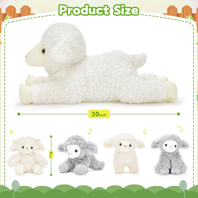 Tezituor 5Pcs Lamb Stuffed Animals Set, 20 Inch Large Mommy Stuffed Sheep Plush with 4 Cute Lamb Babies, Realistic Sheep Plush Pillow for Girls Boys