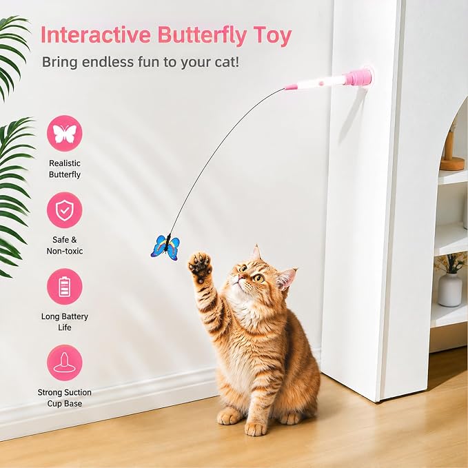 Electric Butterfly Cat Wand for Indoor Cats, 360 Spinning Self-Play with 2 Modes & Tap-to-Awake, Rechargeable Cleanable Suction Base, 3 Butterfly Refills, Interactive Cat Toy (A-Pink)