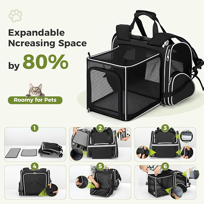 Lekereise Widened Pet Backpack Travel, Wide Pet Carrier Backpack for Cats and Small Dogs up to 18 lbs, Breathable Mesh Backpack Carrier with Sun Shade, Leash, Hand Carry for Travel Vet Car,Black