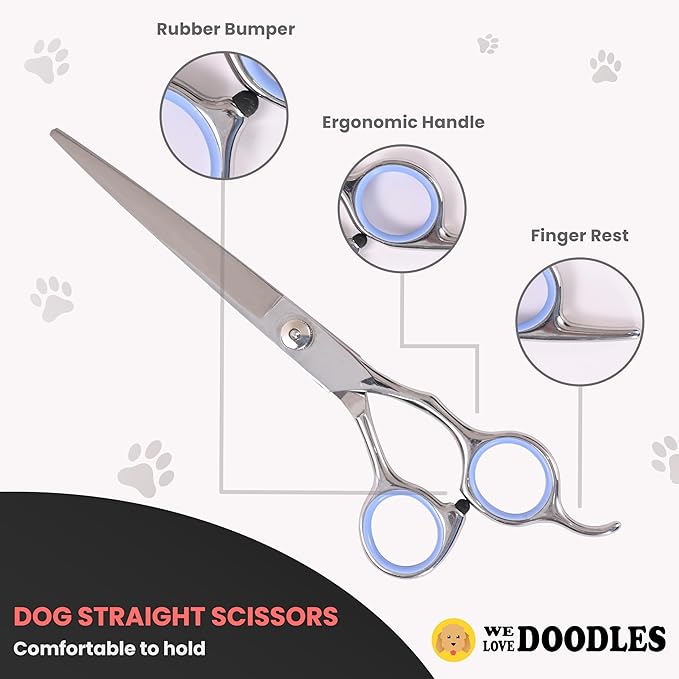 Dog Grooming Scissors Kit & Dog Dematting Rake Bundle - Straight, Curved & Thinning Shears, Grooming Kit, Professional Grade Steel, Detangler Brush for Dogs, Matted Fur Removal on Undercoat