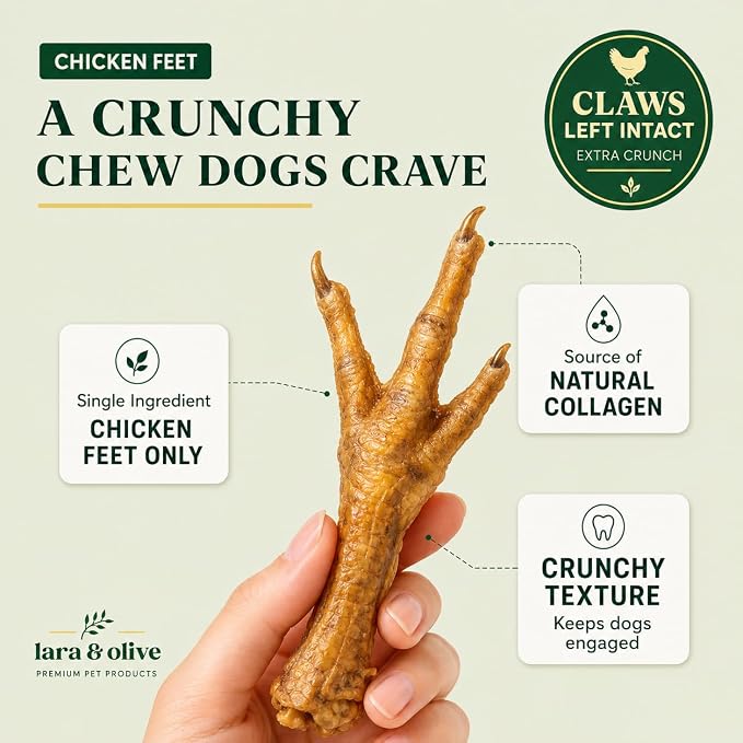 Lara & Olive Chicken Feet Dog Treats, All Natural Dehydrated Single Ingredient Chews, High Protein, 30 Count