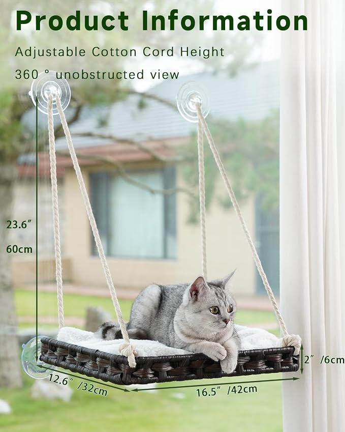 SETVSON Cat Window Perch, Cat Window Hammock Bed for Indoor Cats, Large Handwoven PE Rattan Window Seat, 4 Suction Cups, Double Sided Washable Cushion Bed, 2.3 Inch Fence Shelf, for Pet Kittens Brown
