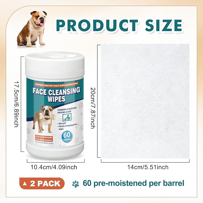 Dog Face Wipes 120 Count Dog Grooming Wipes for Wrinkly Breeds, Gentle Facial & Paw Cleaning, Deodorizing for French Bulldog, English Bulldog, Pugs & More