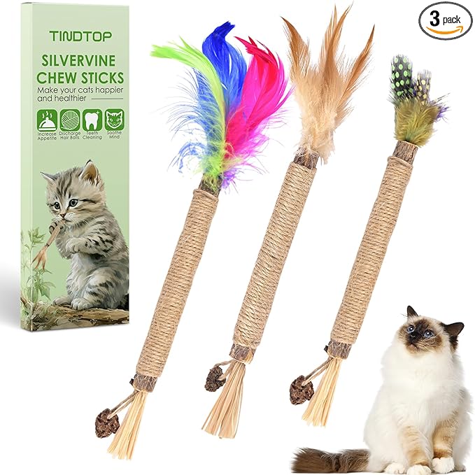 TINDTOP Silvervine Sticks for Cats with Natural Feather, Catnip Chew Toys | for Kittens Teeth Cleaning, Increase Appetite, Calm Cat Anxiety and Stress, Cat Dental Toy, 3 Pack