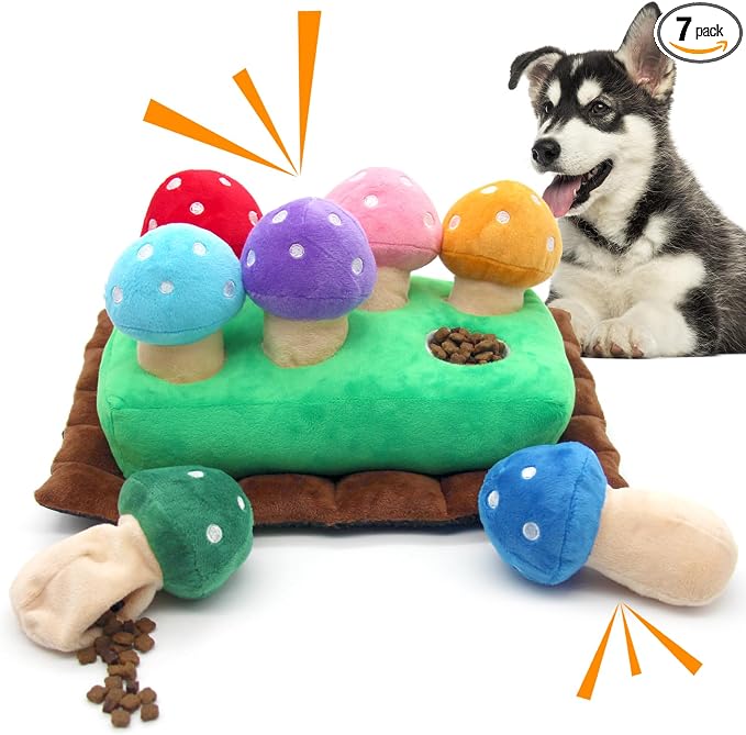 Hide and Seek Dog Toys, Squeaky Interactive Puzzle Dog Toys for Boredom and Stimulation, Dog Enrichment Toys for Small and Medium Dogs (Mushrooms, Pack of 7)
