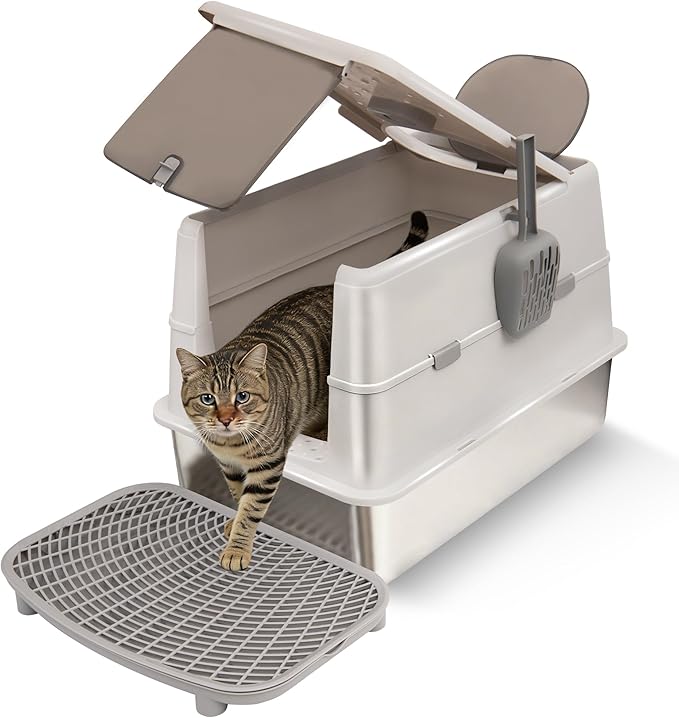 Stainless Steel XXL Cat Litter Box with 120° Lid, Enclosed Top Entry High-Sided Anti-Leak Cat Box, Dog Proof Litter Box for Multiple Cats, Includes Litter Step & Scoop