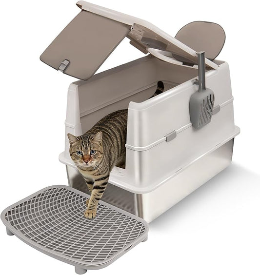 Stainless Steel XXL Cat Litter Box with 120° Lid, Enclosed Top Entry High-Sided Anti-Leak Cat Box, Dog Proof Litter Box for Multiple Cats, Includes Litter Step & Scoop