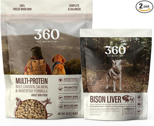 360 Pet Nutrition Freeze Dried Complete Multi Protein Meal for Adult Dogs, High Protein, Omega 3's, No Fillers, Made in The USA + Bison Liver Treat