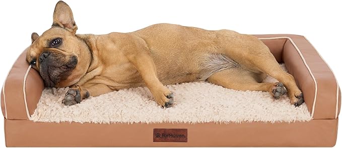 Furhaven Orthopedic Dog Sofa Bed – Memory Foam Couch with Bolsters, Textured Plush & Water-Resistant Cover, Washable Cover, Joint Support - Camel, Medium