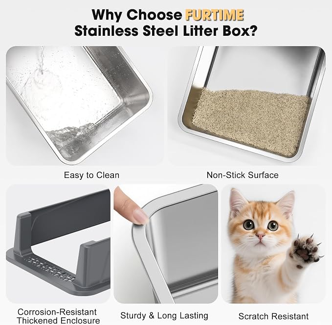 FURTIME Stainless Steel Cat Litter Box, Easy-Clean High-Sided Metal Litter Box, Open-Top Litter Pan for Small Cats, Includes Scoop & Mat, Non-Stick, Anti-Leakage, 17"×13"×8.4"
