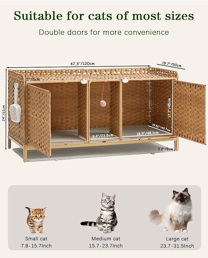 SETVSON Cat Litter Box Enclosure for 2 Cats, Hidden Litter Box Furniture with Mat, Large Rattan Cat House with Double Room and Door, 47.3 L x 19.7 W x 24 H, 2 S-Shaped Hooks for Living Room Natural