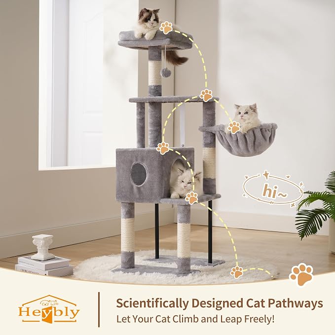 Heybly Cat Tree, 49.2 Inches Cat Tower for Indoor Cats, Spacious Cat House Condo with Hidden Space，Sturdy Steel Tube，Soft Plush Top Perch，Cozy Hammock and Sisal Scratching Posts, Light Gray HCT200SW