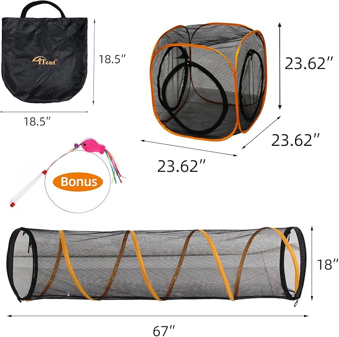 Cat Play Tunnel + Cube(with Three Ways) for Indoor and Outdoor, Cat Playpen, Play Enclosures, Collapsible Cube, Tunnel, Easy to Connect with Tent