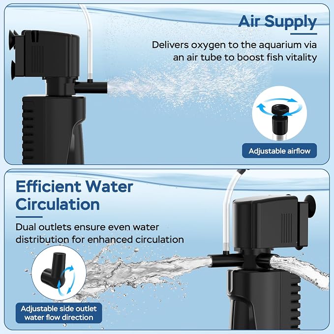 Aquarium U-V Filter for Green Water, Fish Tank Filter with U-V Light & Timer, Turtle Tank Filter with Dual Outlet & Aeration, for 20-70 Gallon Freshwater & Saltwater