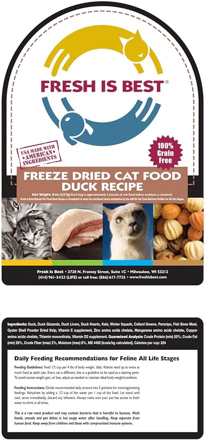 Fresh Is Best Duck Freeze Dried Cat Food – Raw Cat Food for Kittens & Adult Felines – High-Protein Freeze Dried Duck in Resealable Zipper Bag – Made in the USA – 8 oz