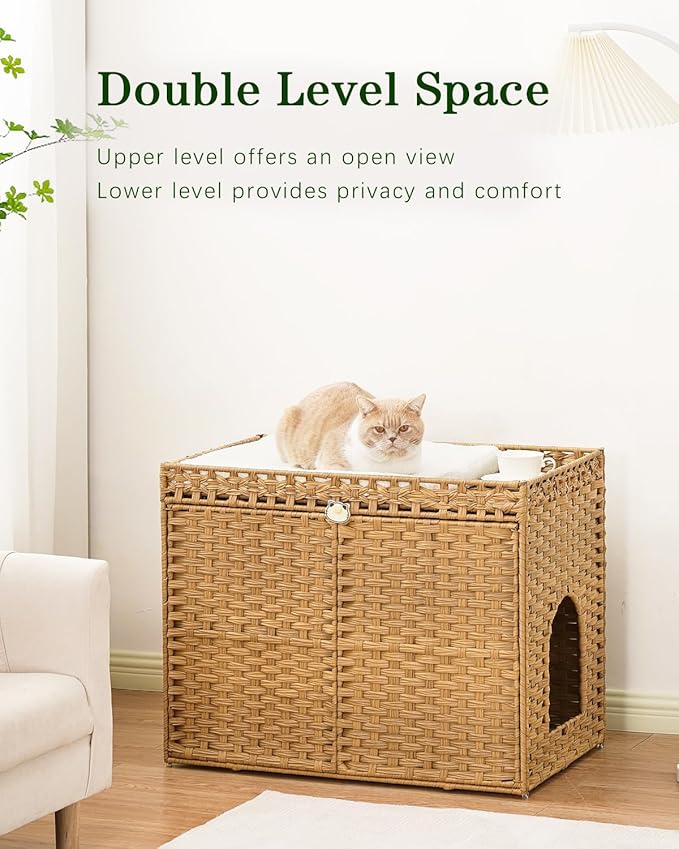SETVSON Cat Litter Box Enclosure Furniture, Handwoven Rattan Hidden Litter Box with Mat, Large Space Cat House with 2 S-Shaped Hooks 30.3 x 18.3 x 24.4 Inches, Indoor for Living Room Apartment Natural