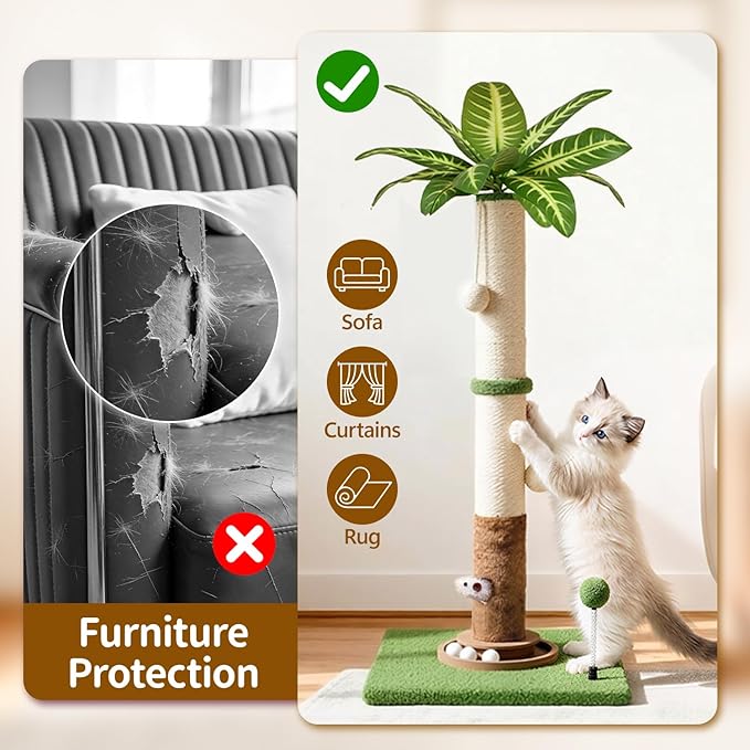 Cat Scratching Post Tall Vertical for Indoor Cats, 35" Palm Tree Leaves Sisal Pole for Large Cats Kittens, Heavy Duty Wooden Carpet Pole with Interactive Track Balls, Furniture Protection