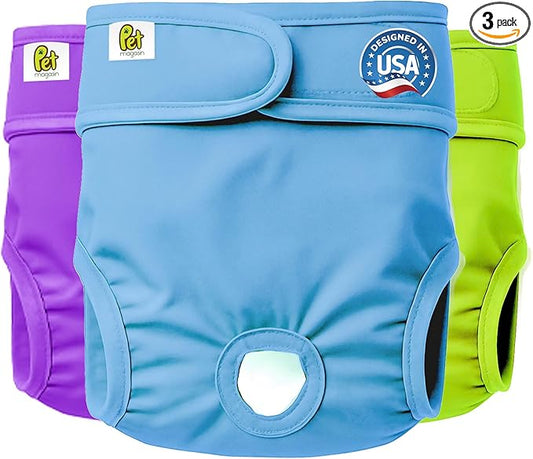 Pet Magasin Reusable Washable Dog Diapers (Pack of 3), Highly Absorbent with Strong & Flexible Closure (Solid, X-Small (9”-12” Waist))