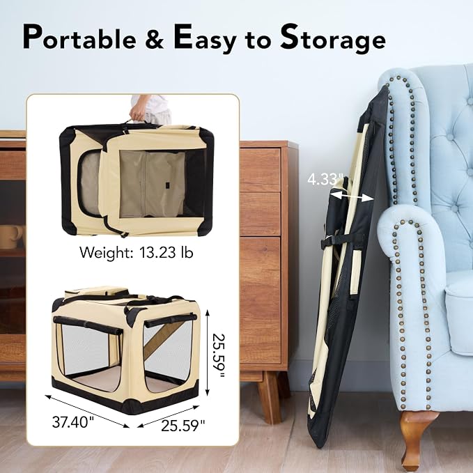 HICC PULE Collapsible Portable Kennel, 36 Inch Large/Medium Dog Kennel, 3-Door Soft-Sided Pet Crate for Indoor/Outdoor, Car Trip, Beige