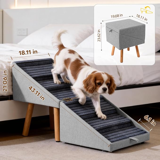 Pet Stairs for High Beds 21.06" Tall, 6-Step Dog Stairs Bedside Table Convertible, 250lbs Large Dog Steps with Storage Drawers, Non-Slip Pet Ramp for Bed Couch for Medium Large Small Dogs
